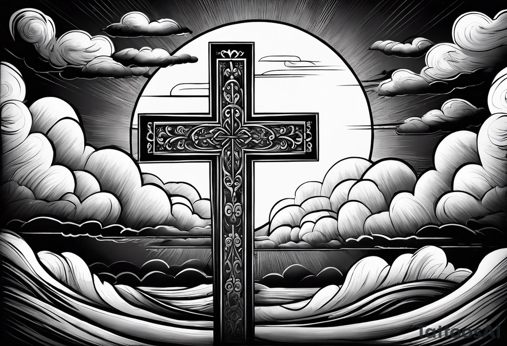 bible verse with a very simple cross in the background and realistic clouds shadowing the cross in the background tattoo idea