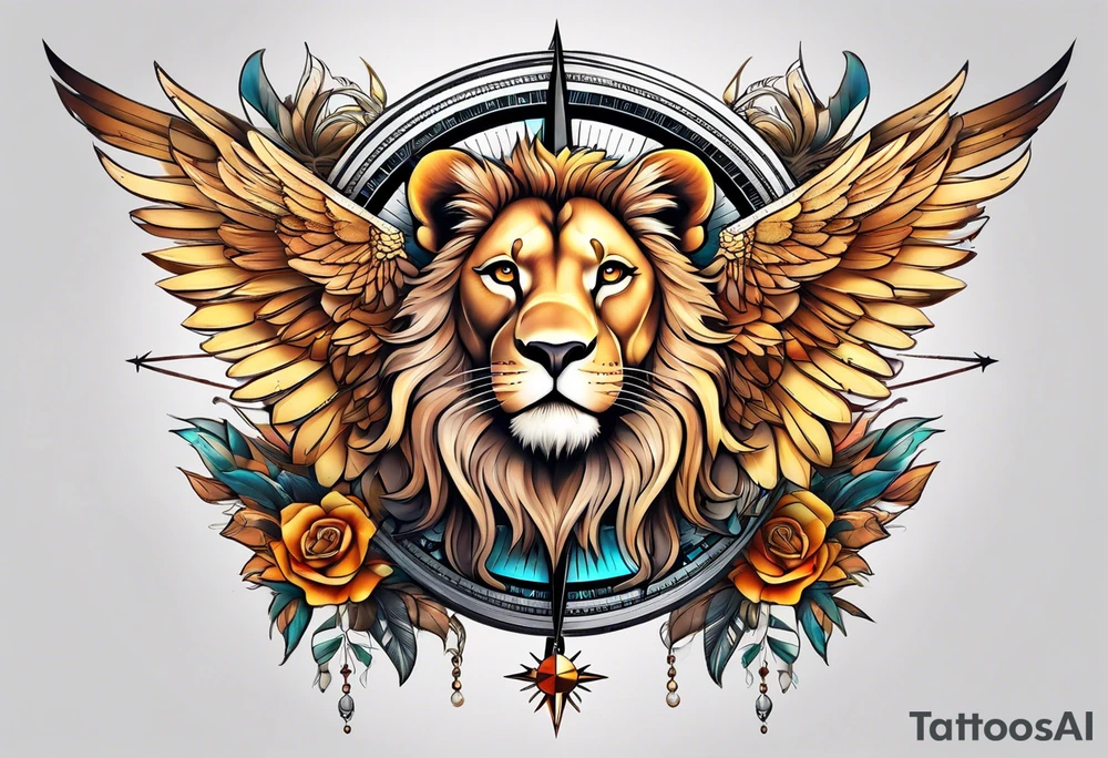 Lioness with wings compass tattoo idea