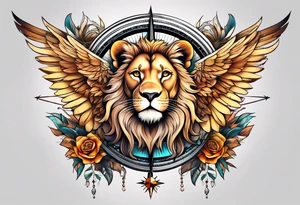 Lioness with wings compass tattoo idea