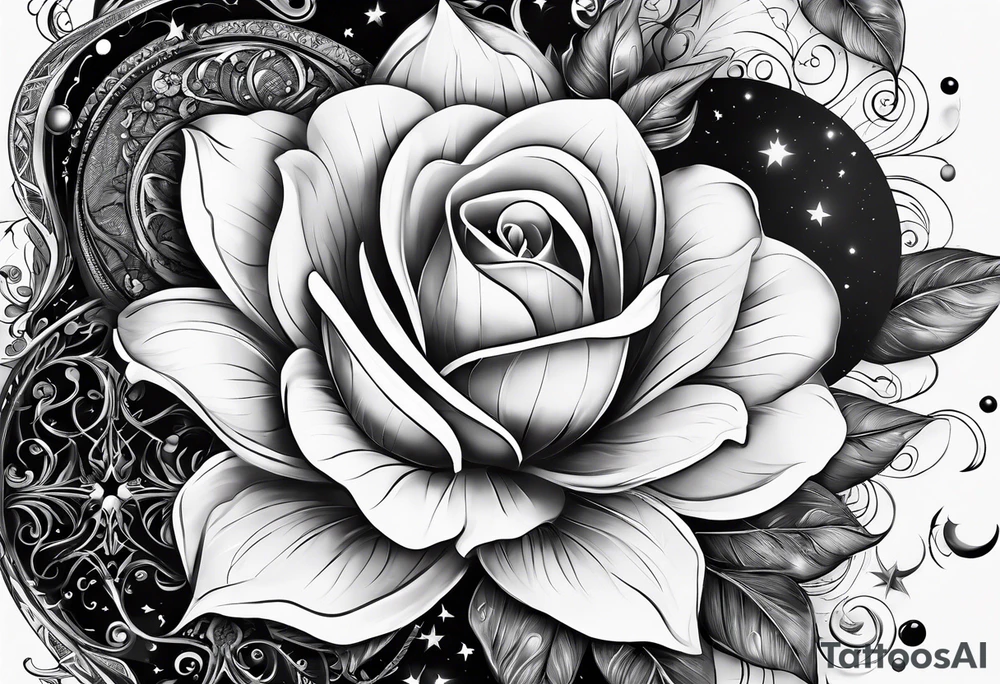 A eternal love flower with the name “Samson” in cursive with moon phases and stars tattoo idea