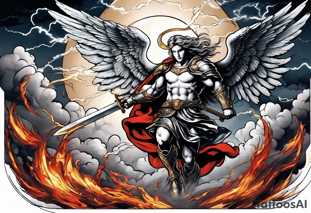 Michael the Archangel defeating the devil.  clouds and lightning in background tattoo idea