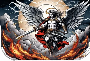 Michael the Archangel defeating the devil.  clouds and lightning in background tattoo idea
