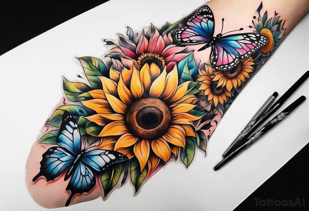 arm sleeve with dreamcatcher, rainbow sunflowers and one butterfly tattoo idea