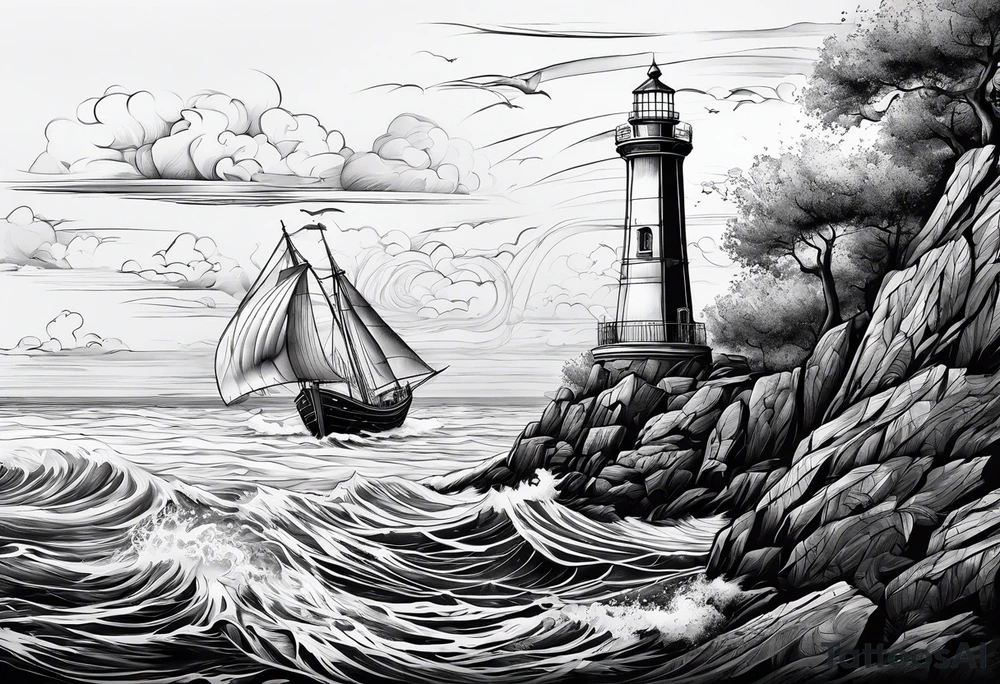 phare maritime dans un bateau a voiles vu du devant. tattoo idea