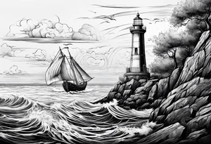 phare maritime dans un bateau a voiles vu du devant. tattoo idea