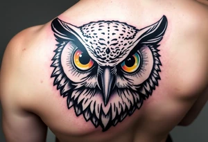 Biomechanics  large colored tripping eye owl head tattoo idea