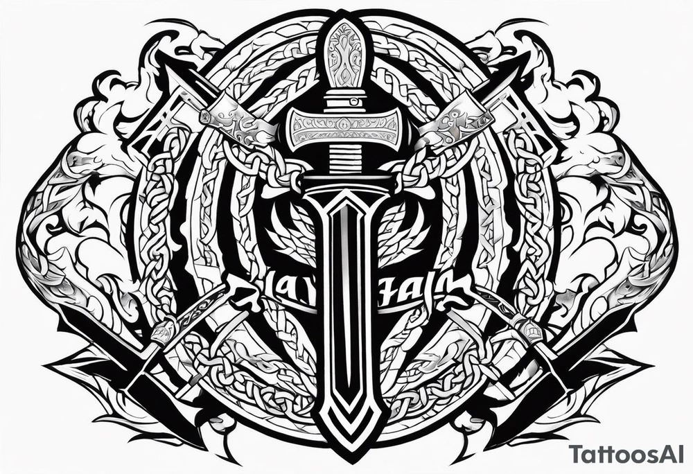Valhalla sword fire chains shield family tattoo idea