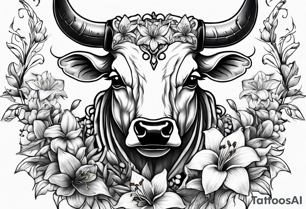Bull skeleton with lily if the valley flowers growing out of eyes tattoo idea