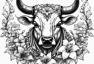 Bull skeleton with lily if the valley flowers growing out of eyes tattoo idea
