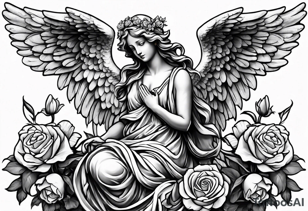 Angel statue stood on a rock with daffodils and roses wrapped around its legs tattoo idea