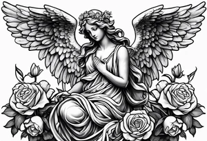 Angel statue stood on a rock with daffodils and roses wrapped around its legs tattoo idea