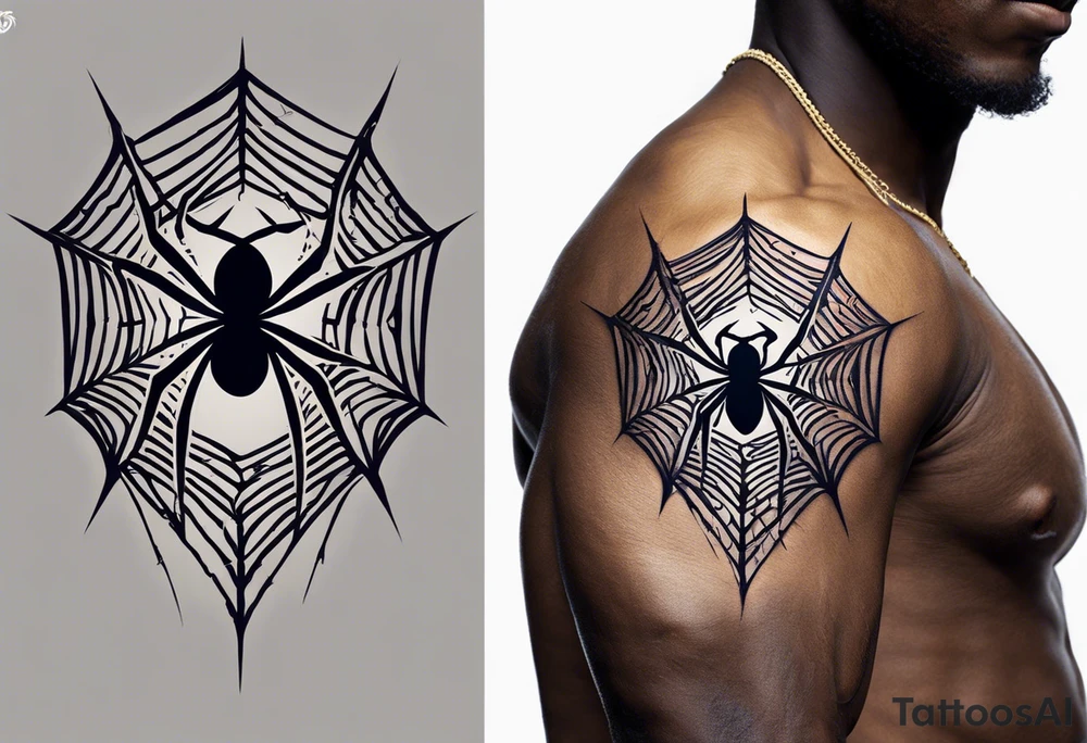 Design a powerful inner bicep tattoo for a dark-skinned black male featuring Anansi the Spider from Ghanaian mythology. Anansi is depicted weaving a web made from bright, crackling lightning bolts. The web extends outward from the center of the design, creating an intricate, flowing pattern. The lightning web should be sharp and dynamic, symbolizing energy and power, while Anansi sits calmly at the center, representing wisdom and control.

The spider should have a stylized, bold appearance, with strong, clean lines that stand out on dark skin. The lightning bolts in the web should feature bright, vivid colors like electric blue or white, contrasting well against the dark skin tone. Surrounding the web, subtle clouds or storm elements should fade into the background to create depth and dimension without overpowering the central design. Ensure that the web and lightning bolts are the primary focus, with fine detail that reflects both strength and intellect.”
Inner bicep tattoo idea