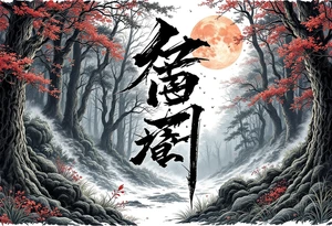 japanese forest background with japanese kanji tattoo idea