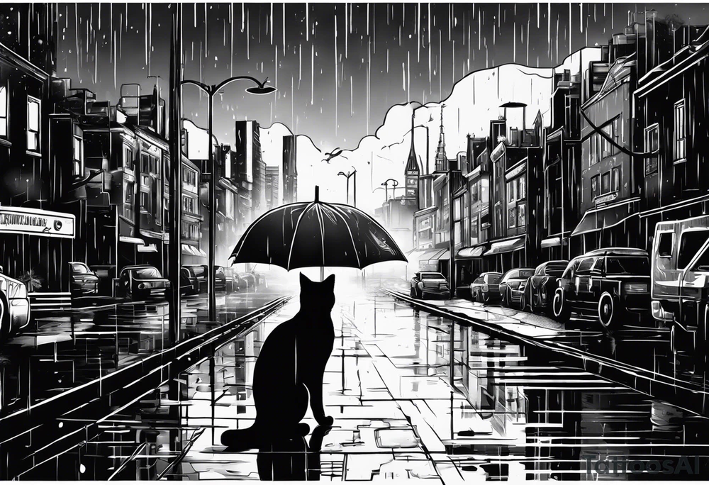 post apocalipse city, with cat, rain tattoo idea