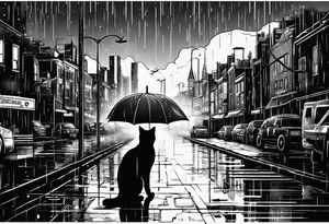 post apocalipse city, with cat, rain tattoo idea