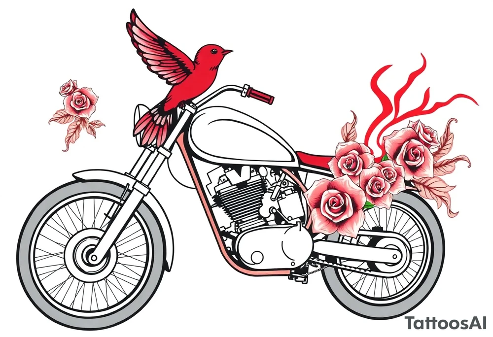 Motorcycle, red bird flying, roses and lace, flames tattoo idea