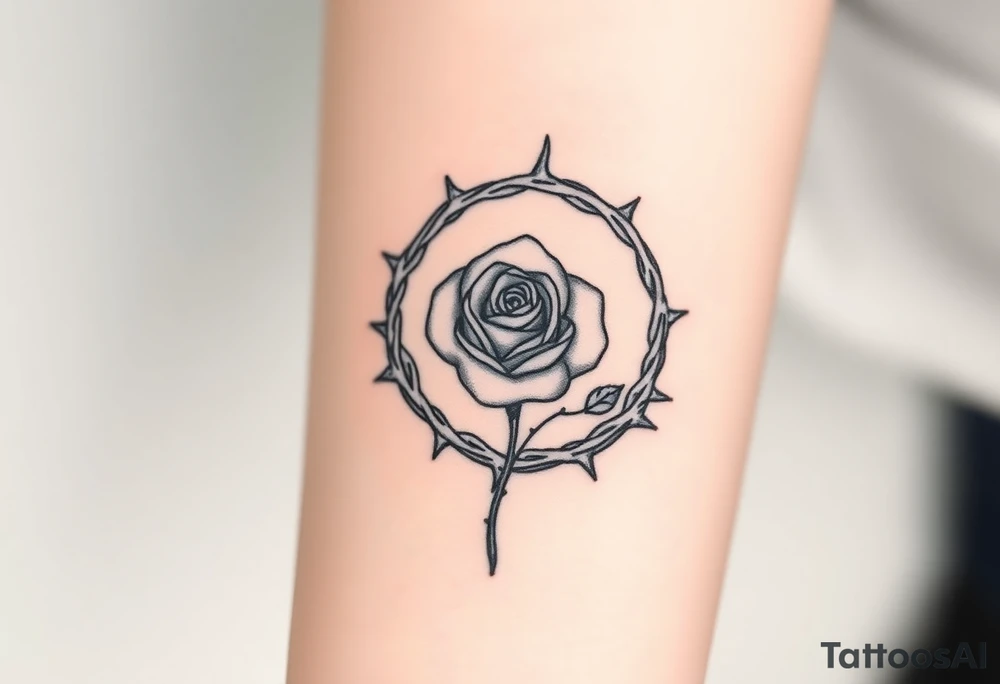 Crown of braided thorns with a rose with a stem in the middle tattoo idea