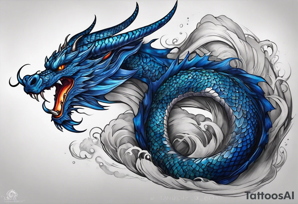 An epic floating dragon. Its long body coiling dynamically, with scales and horns detailed to create a sense of movement and strength. The dragon's main color is midnight blue, giving a vibrant depth and a mystical aura. This tattoo highlights the dragon’s fierce expression and sharp claws. tattoo idea