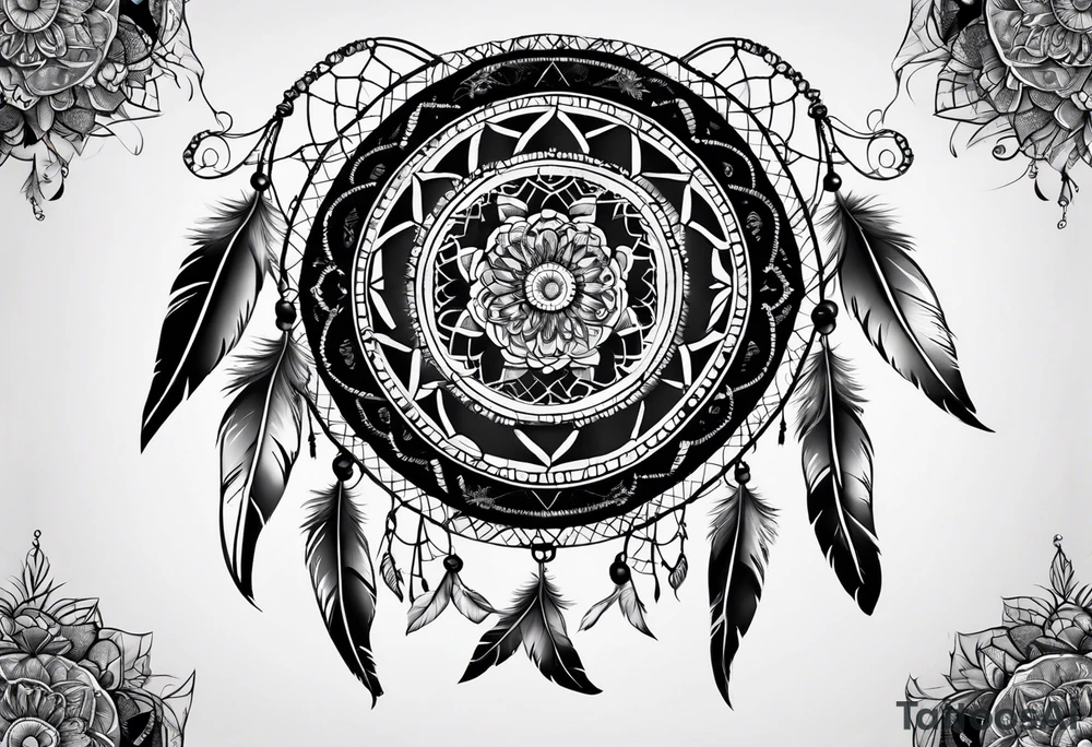 A black and white detailed dream catcher with a lot of shading tattoo idea