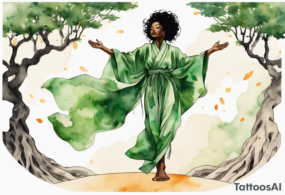 a beautiful black woman with tree roots for feet, wearing a green robe, arms reaching up towards the sun blazing in the sky tattoo idea