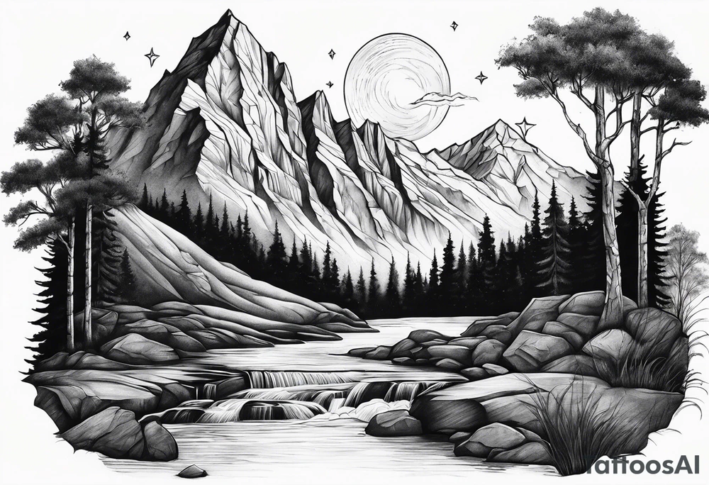 mountains, nature, stars, cross, waterfall, water tattoo idea