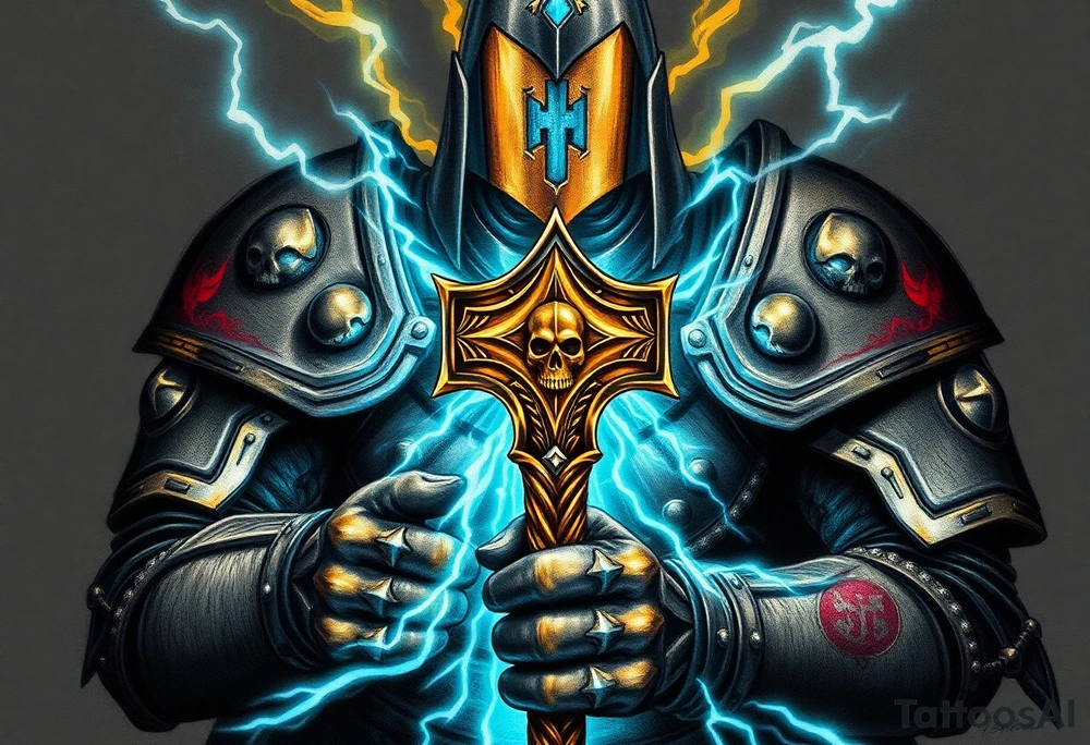 Warhammer, the Old World. A warrior priest of Sigmar holding The Warhammer of Sigmar. The Warhammer of Sigmar is radiating thunderous energy. The Warhammer is held by the warrior priest with both hands at the shaft with a firm grip, upon his chest level. The Warrior priest is wearing dark alloyed heavy armour (reference armor from warhammer vermintide 2 Victor Saltzpyres, the warrior priest of Sigmar class) with skull sigils on his shoulder pads. The warrior priest is wearing a helmet, while the helmets front visor has an humanoid metal face covering. The helmet and armour are gladened with hints of gold and crimson red. The Warhammer is silverish and golden with a long shaft with twisted carvings. tattoo idea