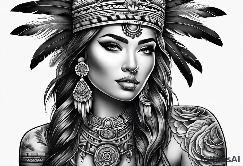 Aztec princess, feather roses tattoo idea