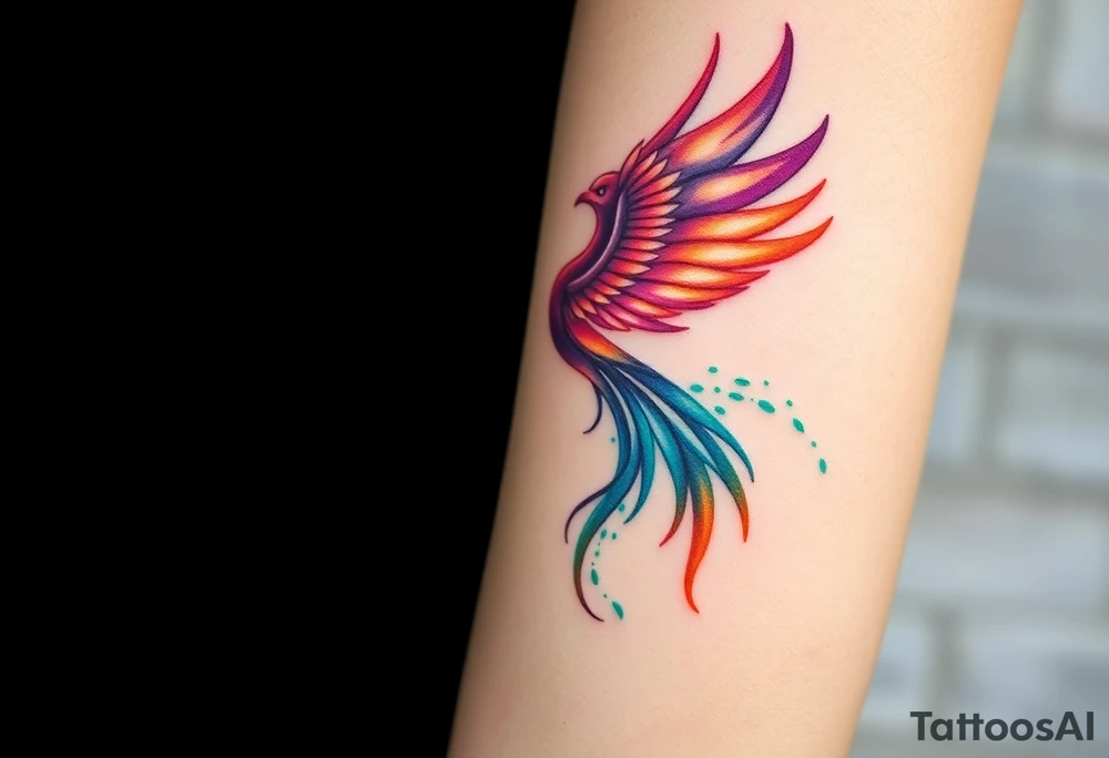 Phoenix in flames with purple, blue, orange, teal and green splashes, looking upwards. Materializing from below. tattoo idea
