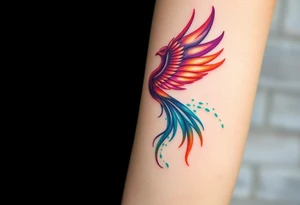 Phoenix in flames with purple, blue, orange, teal and green splashes, looking upwards. Materializing from below. tattoo idea