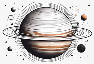 simple jupiter with circular objects and geometric elements, stippled shading, little bit of dotwork, white background tattoo idea