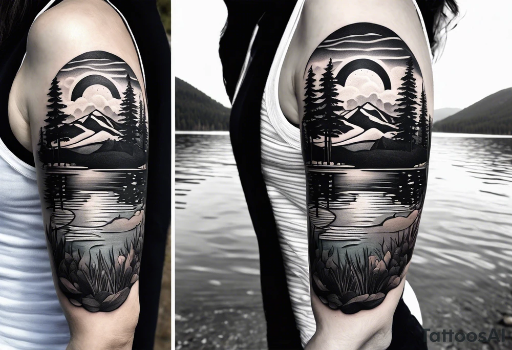 shoulder/upper arm design. pebble beach on a lakefront with a lake surrounded by tall trees and a mountain backdrop. Has reflections across the lakewater tattoo idea
