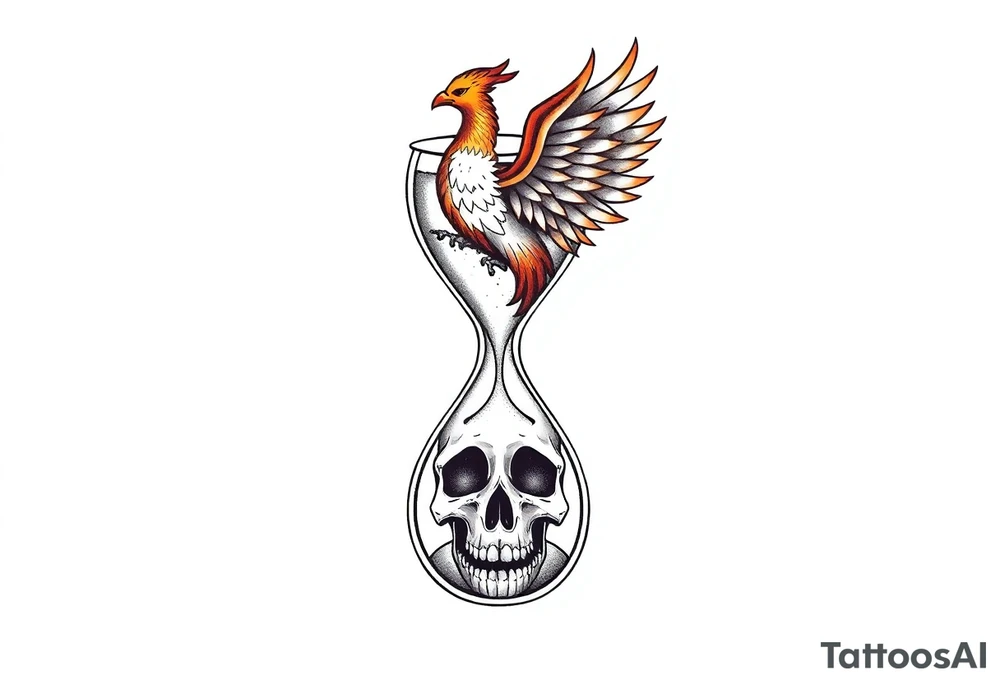 A cracked hourglass with the sands forming a skull below and a phoenix rising from the top. tattoo idea