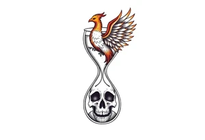 A cracked hourglass with the sands forming a skull below and a phoenix rising from the top. tattoo idea