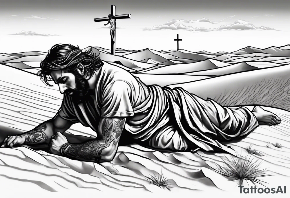 man crawling in a desert reaching to the cross of Christ tattoo idea