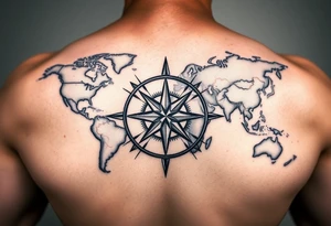 antique compass rose overlaid on weathered world map with sailing ships tattoo idea