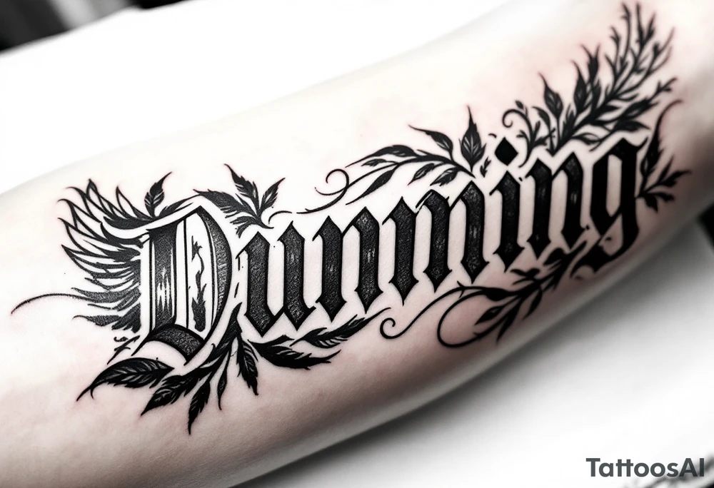 Dunning,on left arm details include angel wing, greek type of font,jungle leaves , tiger claw scratch tattoo idea