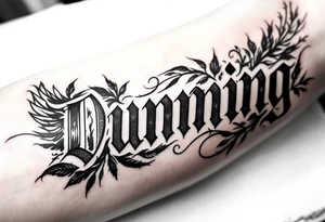 Dunning,on left arm details include angel wing, greek type of font,jungle leaves , tiger claw scratch tattoo idea