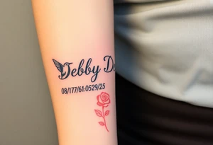 Tattoo of the exact name Debby Deguzman in chunky curly cursive with the exact dates of 08/17/61-05/29/25 surrounded by 1 hummingbird and 1 rose tattoo idea