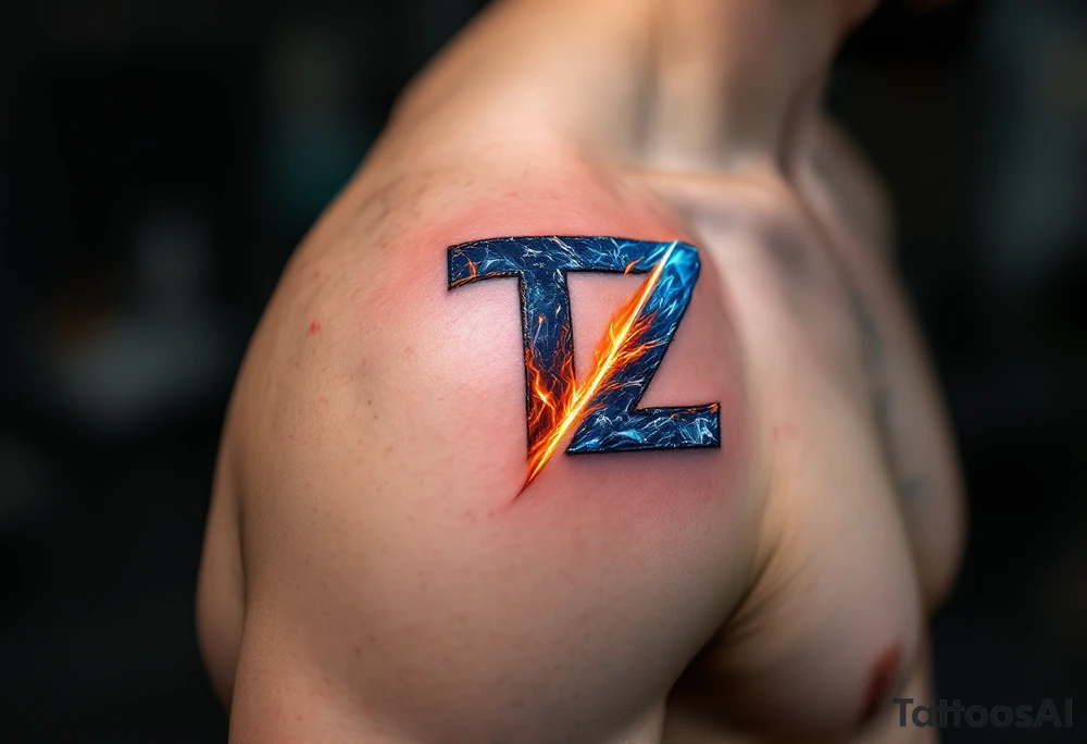 Fire and Ice Monogram – “T & Z” split down the middle, one half in fiery red-orange, the other in icy blue, showing contrast and balance. tattoo idea