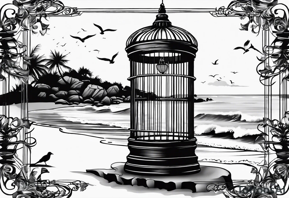 An open birdcage on the beach with the words be free tattoo idea