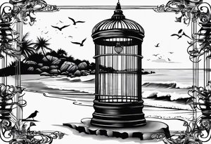 An open birdcage on the beach with the words be free tattoo idea
