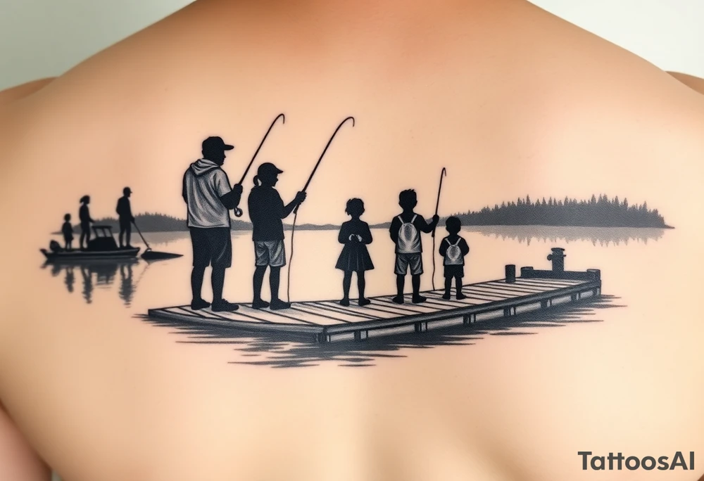 Silhouette of Dad, 14 yr old son, 11 yr old daughter and 3 yr old son fishing on dock at  the lake tattoo idea