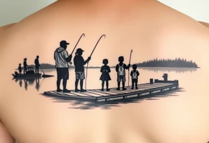 Silhouette of Dad, 14 yr old son, 11 yr old daughter and 3 yr old son fishing on dock at  the lake tattoo idea