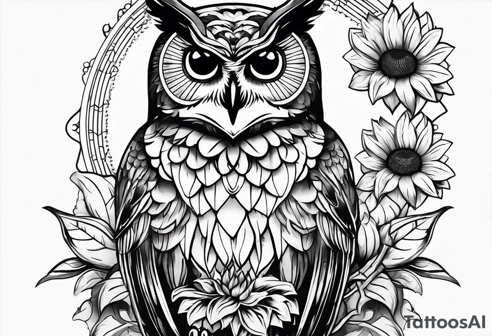 Arm sleeve with owl and sunflowers tattoo idea