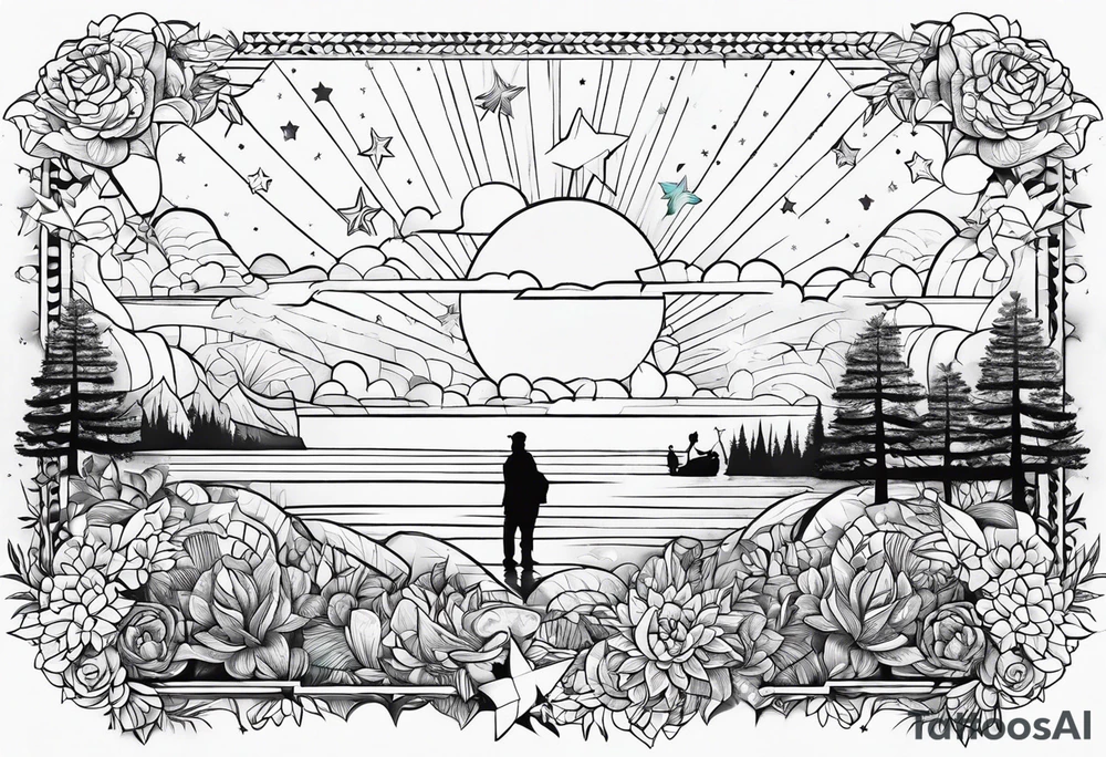 "You never walk alone" with stars and rainbow color tattoo idea