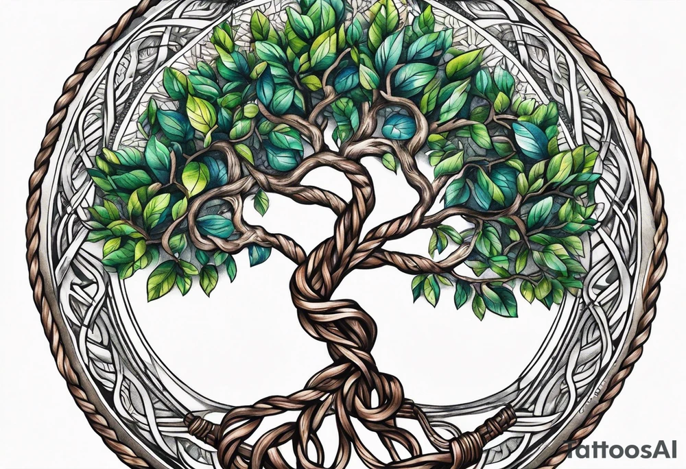 Braided rope braclet tattoo with tree of life in the center with bead work dangling on the hand tattoo idea