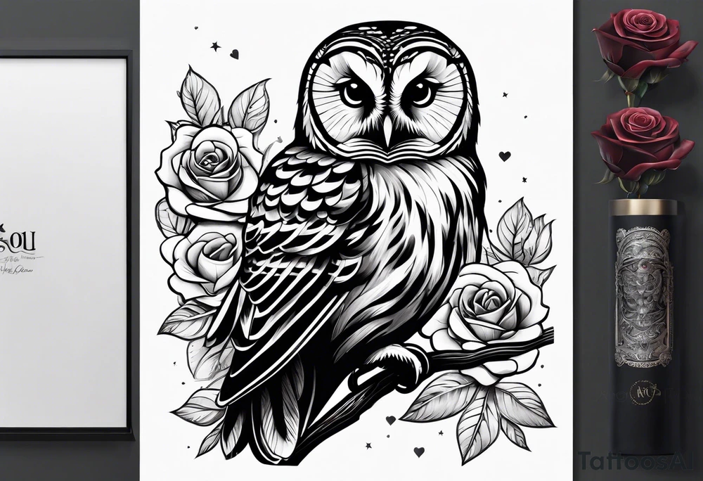 Barred owl with a rose and a heart tattoo idea