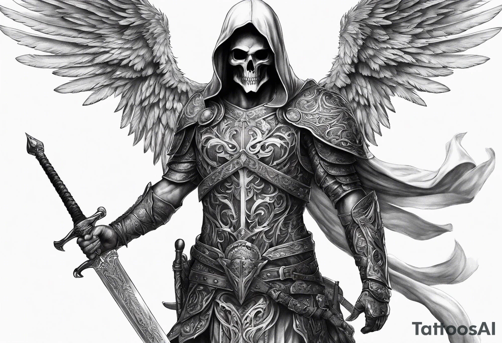 realistic full body of man angel of death, without face, with armour, holding sword in right hand tattoo idea