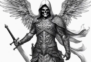 realistic full body of man angel of death, without face, with armour, holding sword in right hand tattoo idea