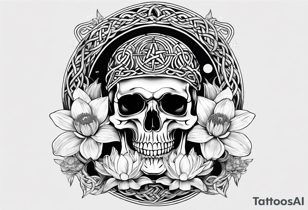 Celtic skull, water lily, daffodil, space and stars, roller coaster track tattoo idea